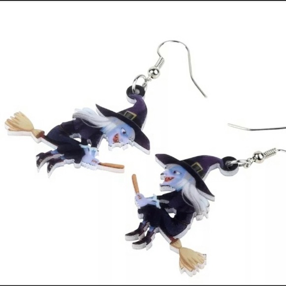 Jewelry - Acrylic Earrings:Cackling Flying Witch on a Broom